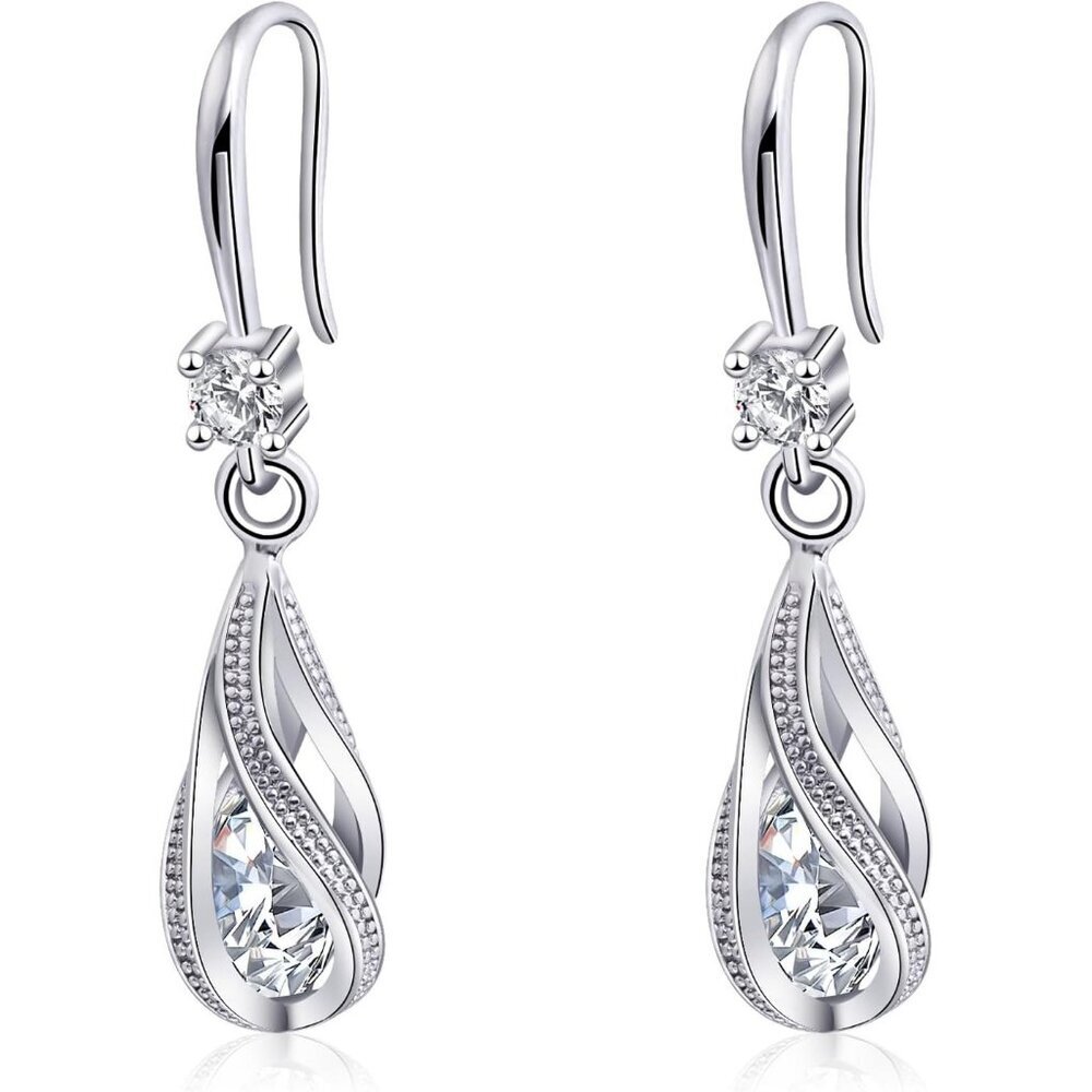 Women Spiral Hanging Shaped Teardrop Silver Cubic Zirconia Earrings Dangling
